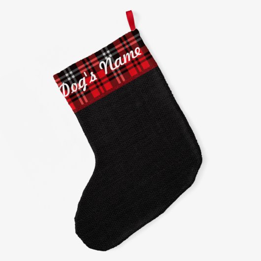 ブルドッグのクリスマスのバーラップのタータンチェックの休日のストッキング ラージクリスマスストッキング (裏面 (吊り時))