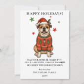 ブルドッグのクリスマスプレゼントに最適なサンタ帽とダサいセーター シーズンカード (正面)
