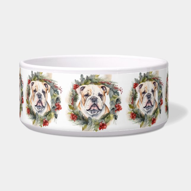 ブルドッグのクリスマスリースの祭りの子犬 ボウル (正面)