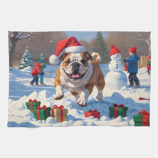 ブルドッグのクリスマス　雪の祭典 キッチンタオル (横)