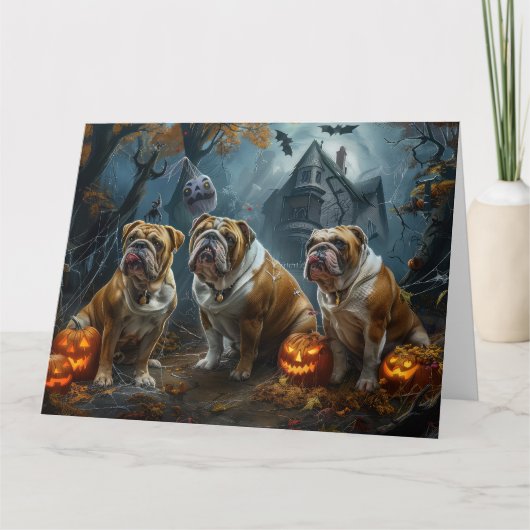 ブルドッグのハロウィンナイトの犬の喜び カード (正面)