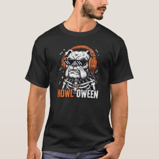 ブルドッグのハロウィーン・スケルトン・ハウルウィンDJ犬 Tシャツ