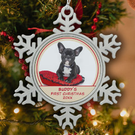 ブルドッグの子犬の初のクリスマス ペット写真のオリジナルグッズ スノーフレークピューターオーナメント