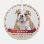ブルドッグの子犬第1回クリスマス・レッドリボンドッグ写真 ガラスオーナメント (正面)