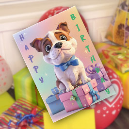 ブルドッグの子犬 パステルカラーとギフト 誕生日  カード
