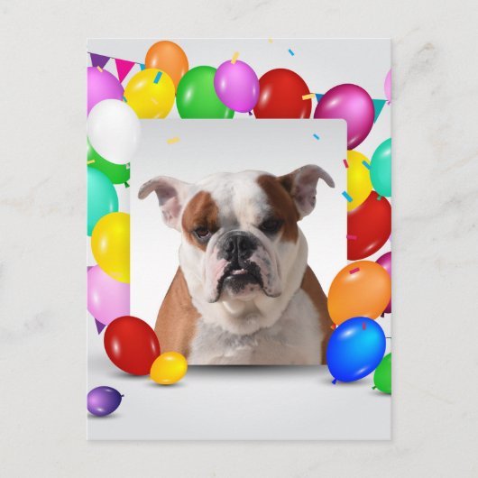 ブルドッグの犬とカラフルな風船の誕生日テーマ ポストカード (正面)