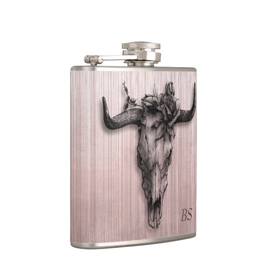 ブルドッグの頭蓋骨とバラのストライプ ローズゴールドのモノグラム フラスク (右)