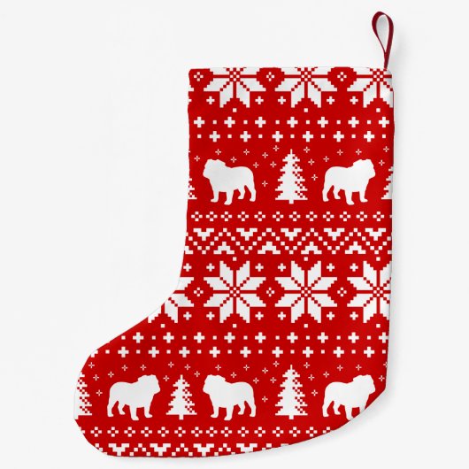 ブルドッグはクリスマスのセーターパターンのシルエットを描きます スモールクリスマスストッキング (裏面)