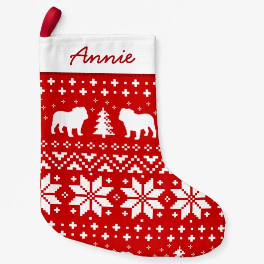 ブルドッグはパターンかわいい犬の恋人のシルエットを描きます スモールクリスマスストッキング (正面)