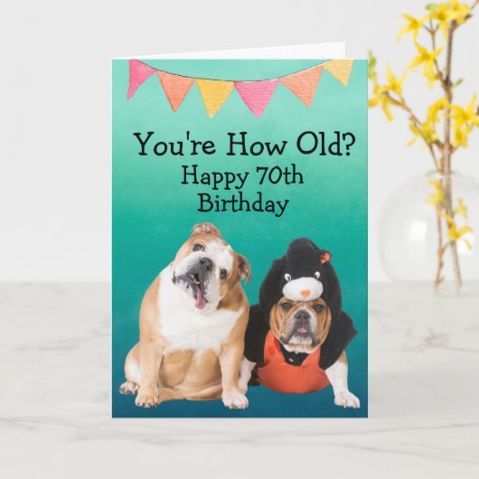 ブルドッグカスタムカーおもしろいドから70歳の誕生日 カード (黄色い花)