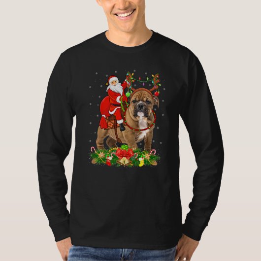 ブルドッグクリスマスおもしろいサンタ乗馬ブルドッグクリスマス Tシャツ (正面)