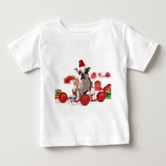 ブルドッグクリスマスギフトボックスオーナメントレッドサンタハット ベビーTシャツ (正面)