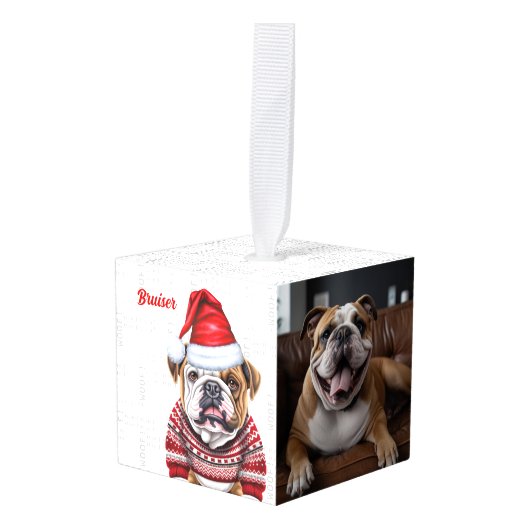 ブルドッグクリスマスドッグツーフォトホリデー キューブオーナメント (正面アングル)