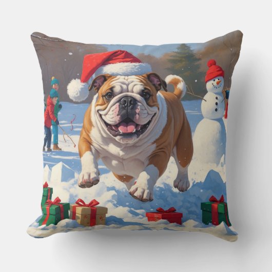 ブルドッグクリスマスフェスティバル雪景色 クッション (正面)