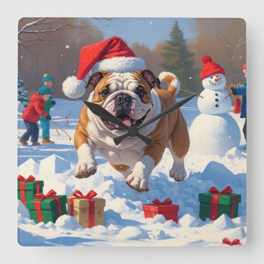 ブルドッグクリスマスフェスティバル雪景色 スクエア壁時計 (正面)