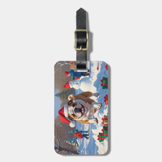 ブルドッグクリスマスフェスティバル雪景色 ラゲッジタグ (正面縦)