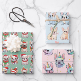 ブルドッグスフランスのパステルクリスマスパターン ラッピングペーパーシート