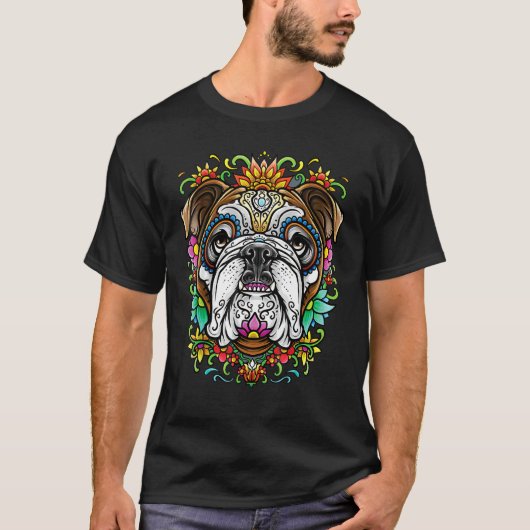 ブルドッグデイオブザデッドDia De Los Muertos Dog Sug Tシャツ (正面)