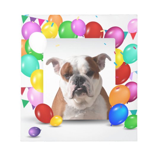 ブルドッグドッグとカラフルバルーン誕生日テーマ ノートパッド (正面)
