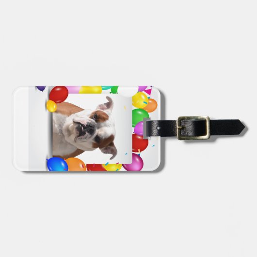 ブルドッグドッグとカラフルバルーン誕生日テーマ ラゲッジタグ (正面横)