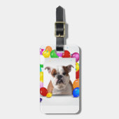 ブルドッグドッグとカラフルバルーン誕生日テーマ ラゲッジタグ (正面縦)