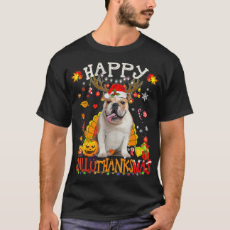 ブルドッグハッピーハロサンクスマスハロウィーンクリスマス Tシャツ