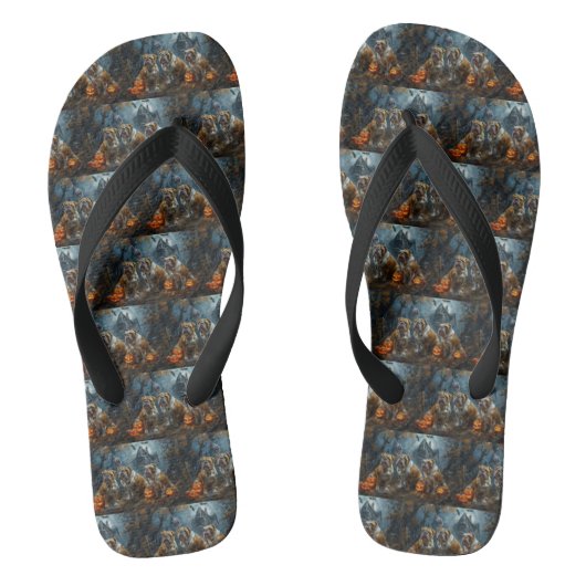 ブルドッグハロウィーンの夜のドギー喜び ビーチサンダル (フットベッド)
