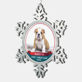 ブルドッグパピー1stクリスマスレッドリボンドッグフォト スノーフレークピューターオーナメント (右)