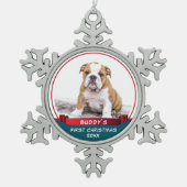 ブルドッグパピー1stクリスマスレッドリボンドッグフォト スノーフレークピューターオーナメント (正面)