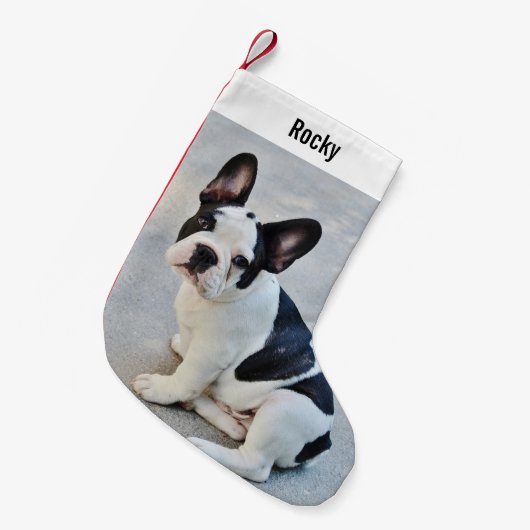 ブルドッグパーソナライズされた写真とブルドッグの名前 スモールクリスマスストッキング (正面 (吊り時))