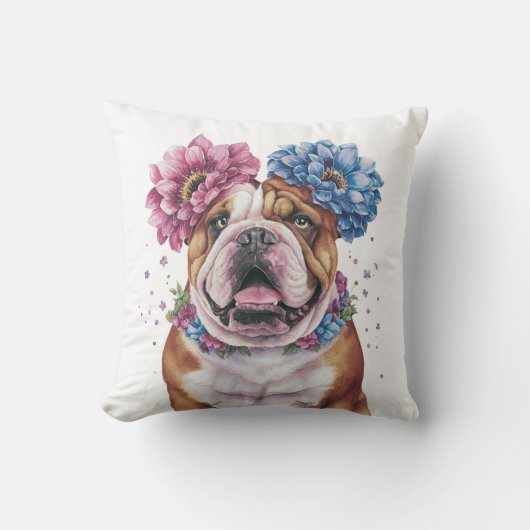 ブルドッグフラワークラウンウォーターカラープリント クッション (正面)