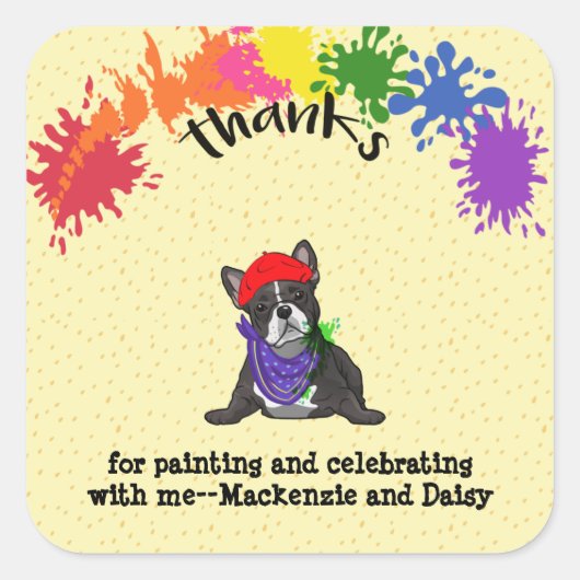 ブルドッグフランスのおもしろいアート誕生日パーティー スクエアシール (正面)