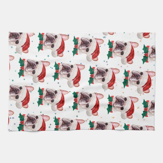 ブルドッグフランスのがクリスマス犬のパターンを育てる キッチンタオル (横)