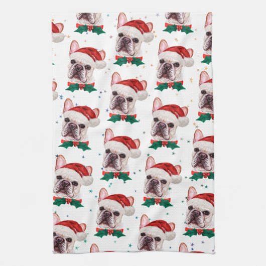 ブルドッグフランスのがクリスマス犬のパターンを育てる キッチンタオル (縦)