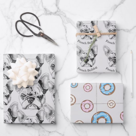 ブルドッグフランスのとドーナツのアートをポップ・アートの設定 ラッピングペーパーシート (正面)