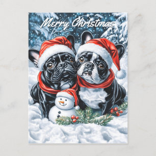 ブルドッグフランスのと雪だるまクリスマス シーズンポストカード