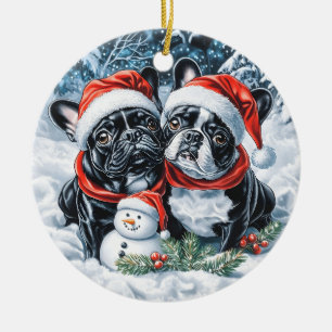 ブルドッグフランスのと雪だるまクリスマス セラミックオーナメント