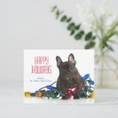 ブルドッグフランスのの子犬が光に絡まった シーズンポストカード (スタンド正面)