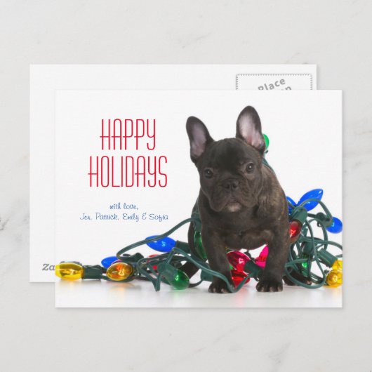 ブルドッグフランスのの子犬が光に絡まった シーズンポストカード (正面/裏面)