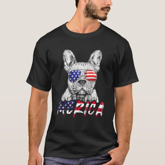 ブルドッグフランスのアメリカ合衆国国旗Merica 7月4日 Tシャツ (正面)