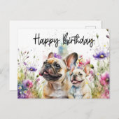 ブルドッグフランスのインフラワーフィールド誕生日 ポストカード (正面/裏面)
