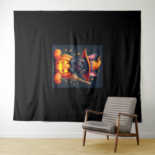 ブルドッグフランスのウィッチパンプキンハロウィーンメンズウーメンズ タペストリー (インサイチュ(横))