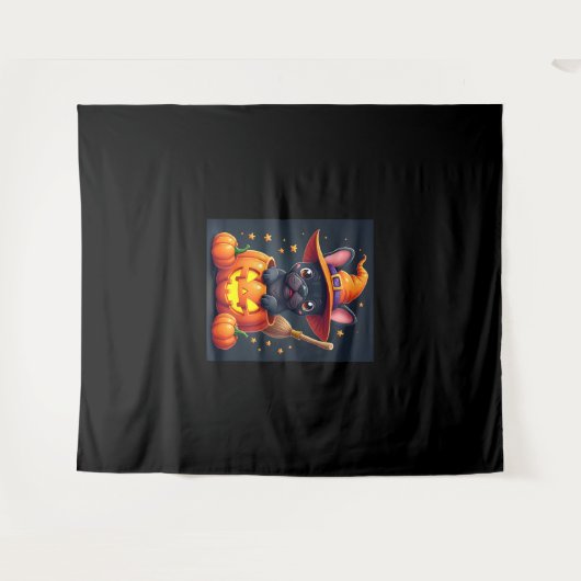 ブルドッグフランスのウィッチパンプキンハロウィーンメンズウーメンズ タペストリー (正面(横))