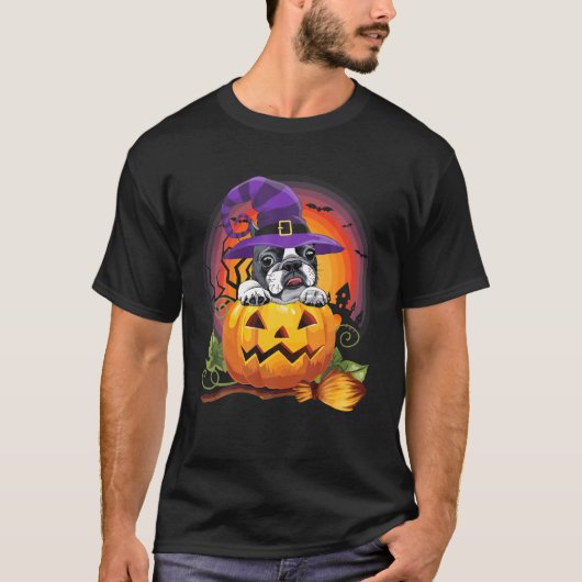 ブルドッグフランスのウィッチパンプキンハロウィーン犬の恋人 Tシャツ (正面)