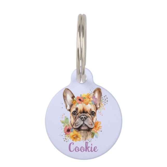 ブルドッグフランスのウォーターカラーフラワーラウンドペットタグ ペット　ネームタグ (正面)