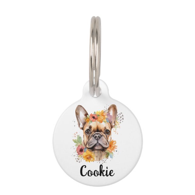 ブルドッグフランスのウォーターカラーフラワーラウンドペットタグ ペット　ネームタグ (正面)