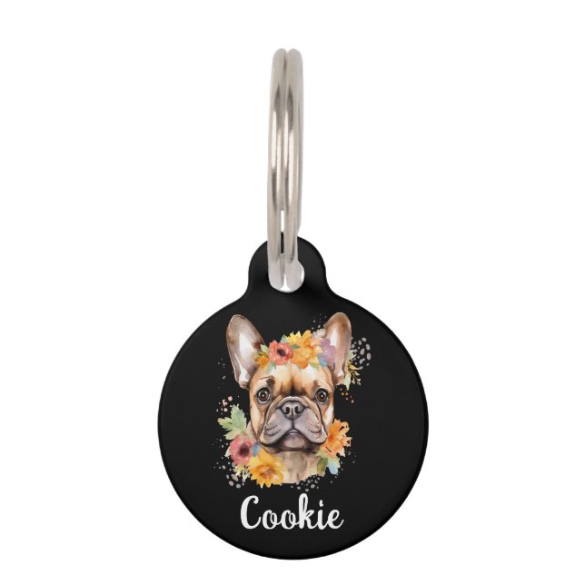 ブルドッグフランスのウォーターカラーフラワーラウンドペットタグ ペット　ネームタグ (正面)