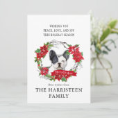 ブルドッグフランスのウォーターカラーポインセチア・クリスマス シーズンカード (スタンド正面)