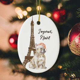 ブルドッグフランスのエッフェルタワー写真パリクリスマス セラミックオーナメント