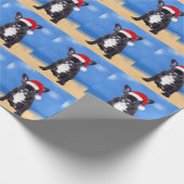 ブルドッグフランスのオンビーチクリスマスサンタハット ラッピングペーパー (角)